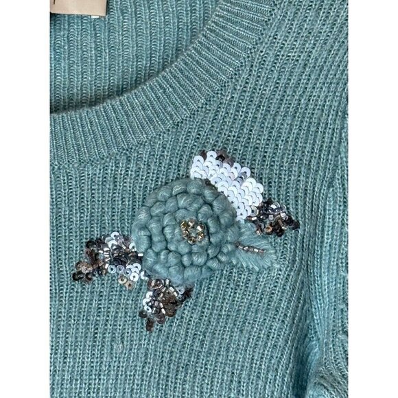 Loft Sweater Women XS Blue Green Fuzzy Knit Puff Sleeve Jewel Crochet Pullover - Picture 7 of 10